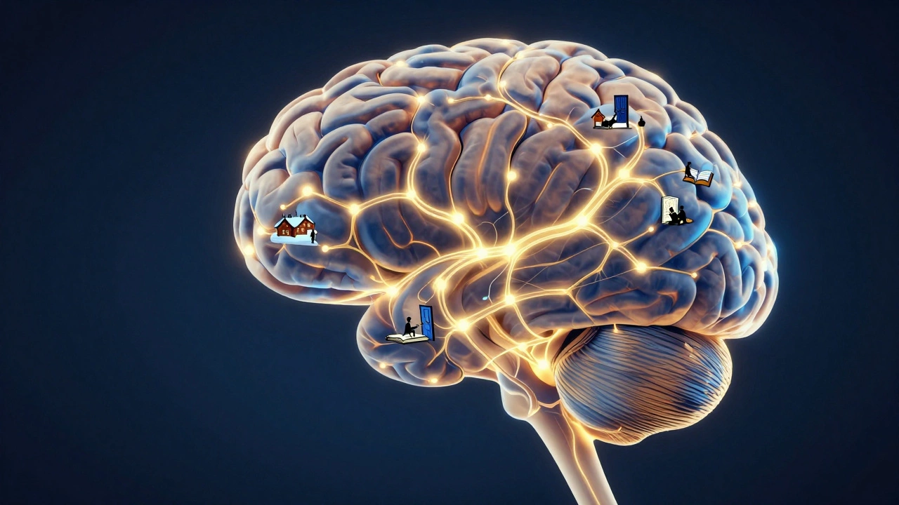 Работающий мозг с светящимися нейронными путями и сценами из книг.