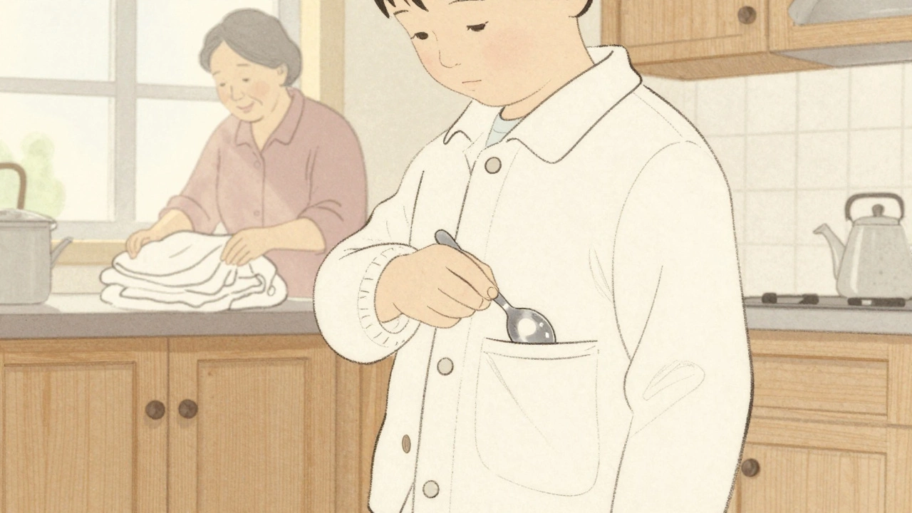 Ребёнок кладёт серебряную ложку в карман, бабушка смотрит с улыбкой.