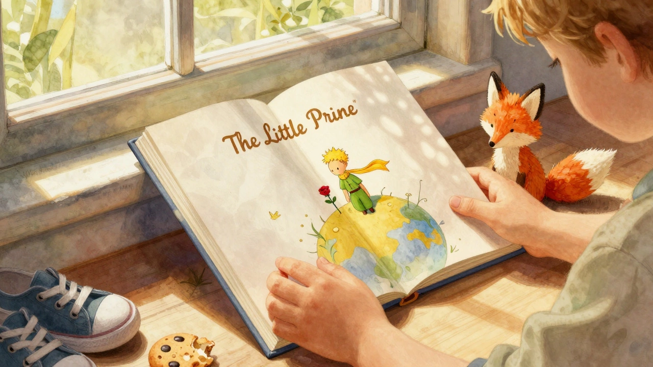 Ребёнок листает книгу 'Маленький принц' у окна с солнечным светом.
