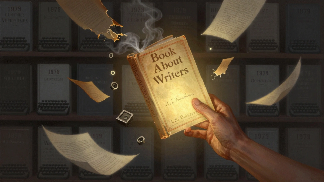 Рука держит glowing редкую книгу с автографом, вокруг — разрушающиеся советские обложки и современные книги в тумане.