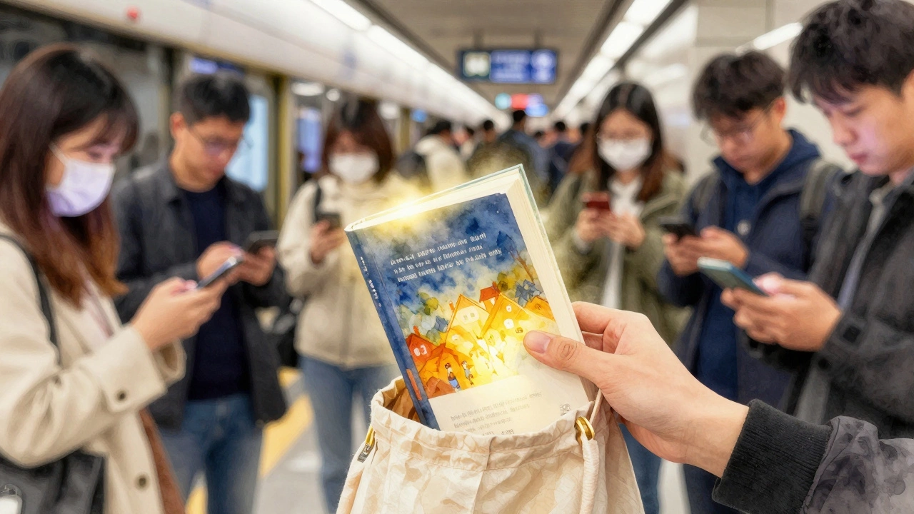 Рука вытаскивает книгу из сумки в метро, вокруг люди смотрят в телефоны.