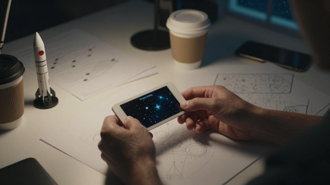 Руки держат книгу 'Project Hail Mary' за рабочим столом с звёздным видом в окне.