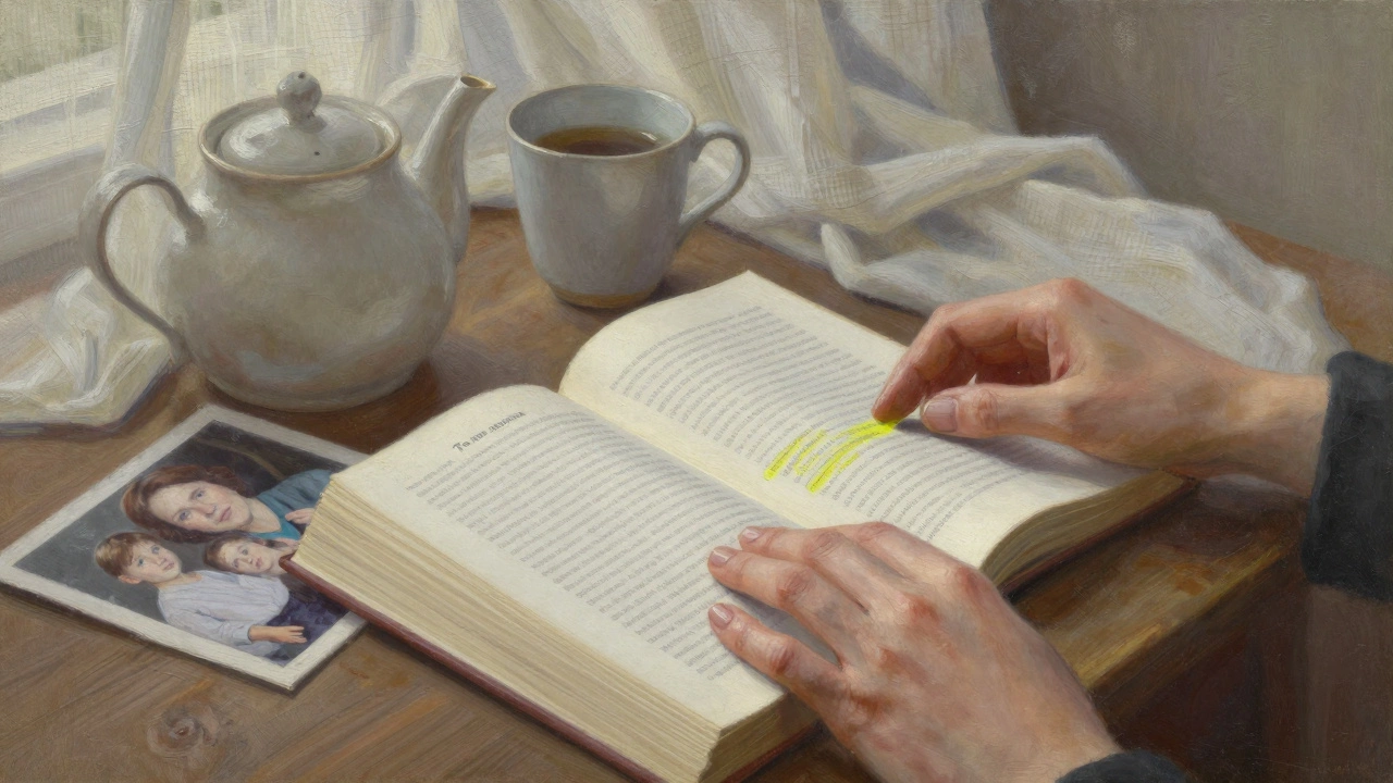 Руки женщины разглядывают подчеркнутые строки в книге на тумбочке.