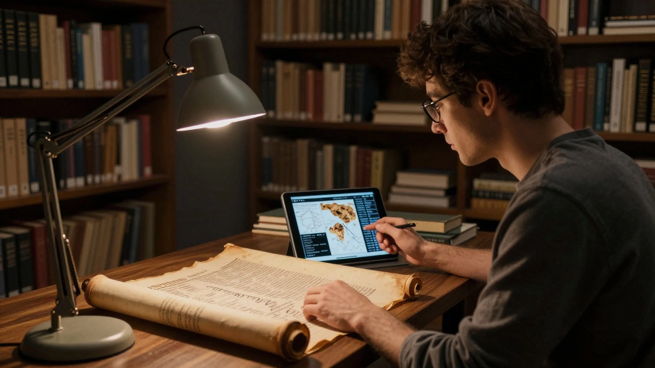 Современный исследователь сравнивает древний свиток с цифровой картой в тихом архиве при ламповом свете.