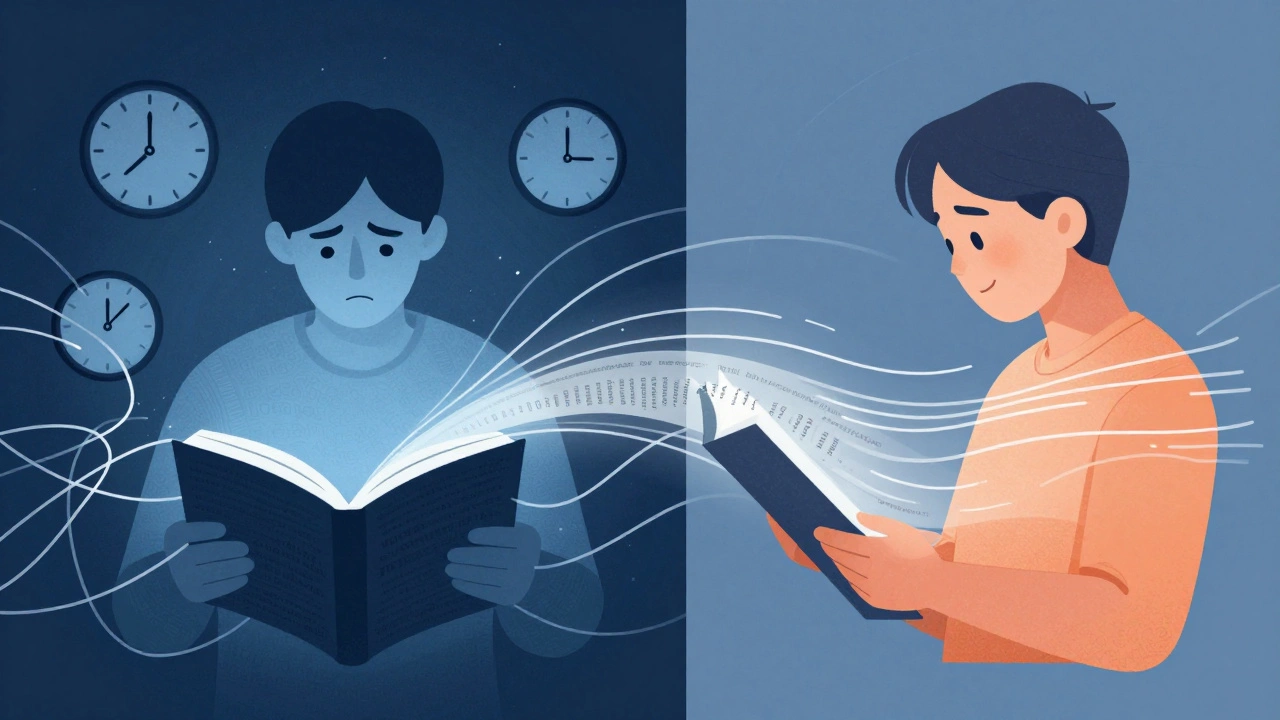 Сравнение медленного и быстрого чтения: слева — замедление, справа — поток идей и света.