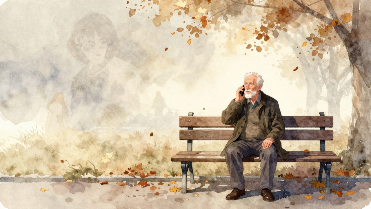 Старик сидит на скамейке, держит выключенный телефон, осень вокруг.