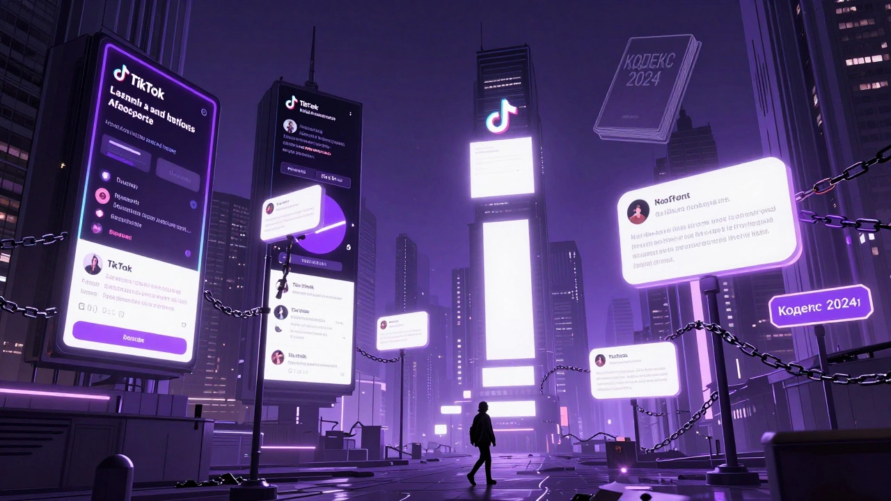 Сurrealist город с алгоритмическими лентами, которые превращаются в цепи, человек идет внизу.