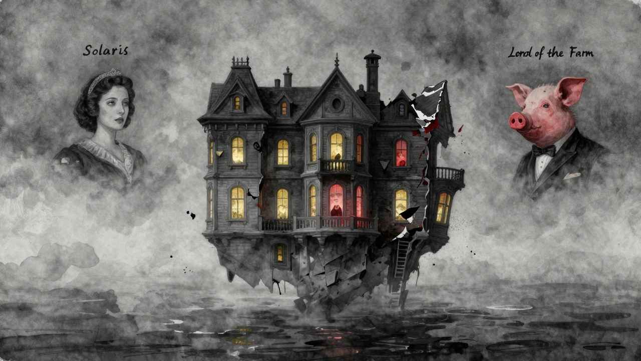 Сurrealist пейзаж с плавающим домом, из окон которого смотрят призрачные фигуры.