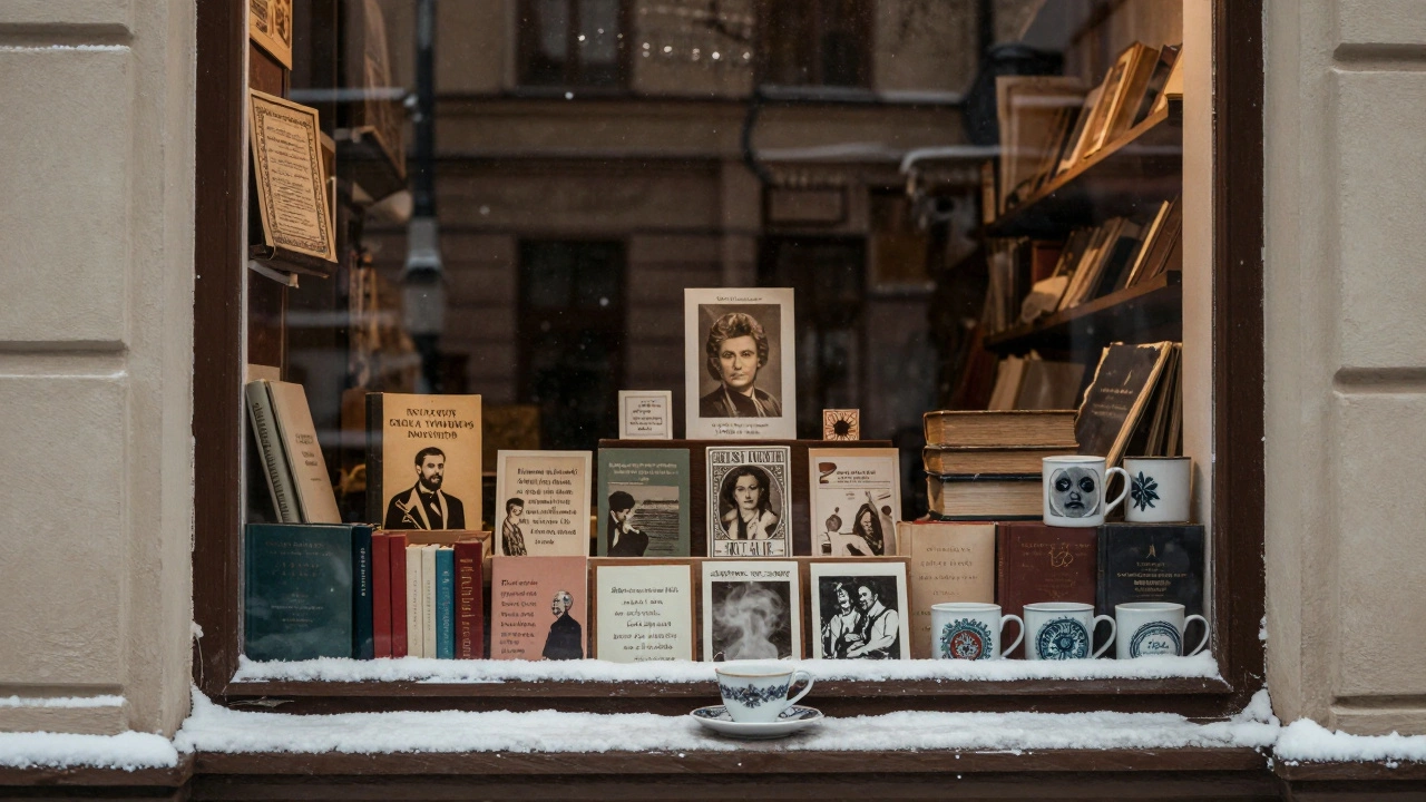 Витрина книжного клуба с редкими изданиями, кружками и цитатами на фоне зимнего окна.