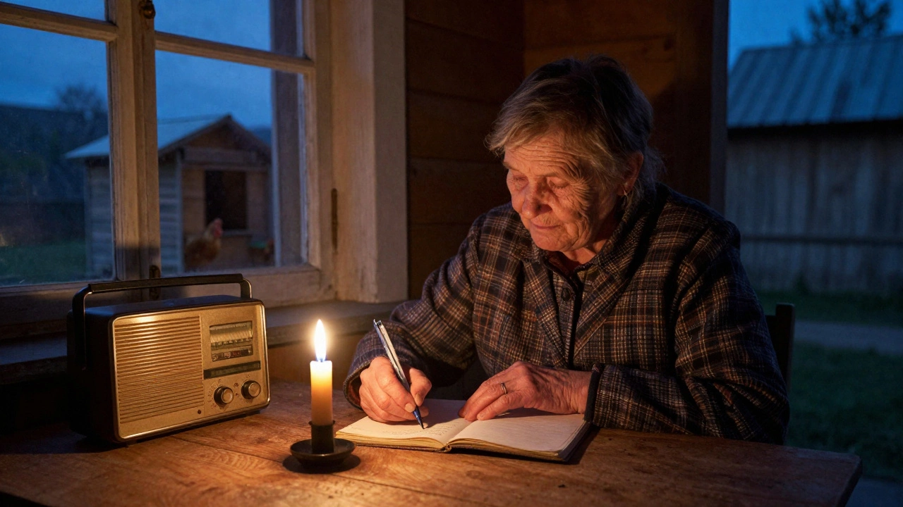 Женщина пишет в тетради при свече в деревенской избе, рядом старое радио.