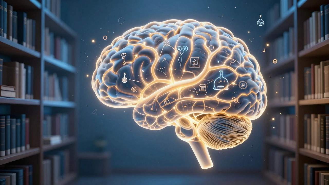 Абстрактное изображение мозга с нейронными связями, формирующими книги и логические символы.