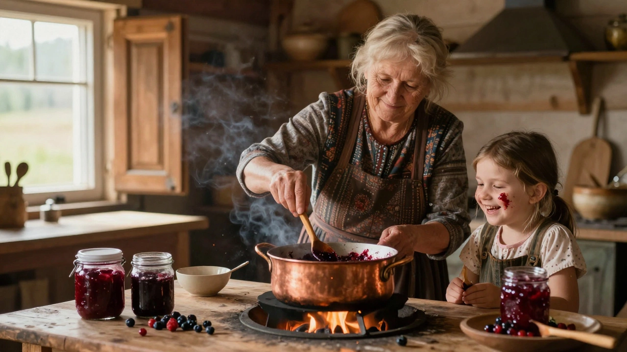Бабушка варит варенье в медном котле на Урале, внучка смеётся, на щеке пятнышко варенья, солнечный свет через деревянные ставни.