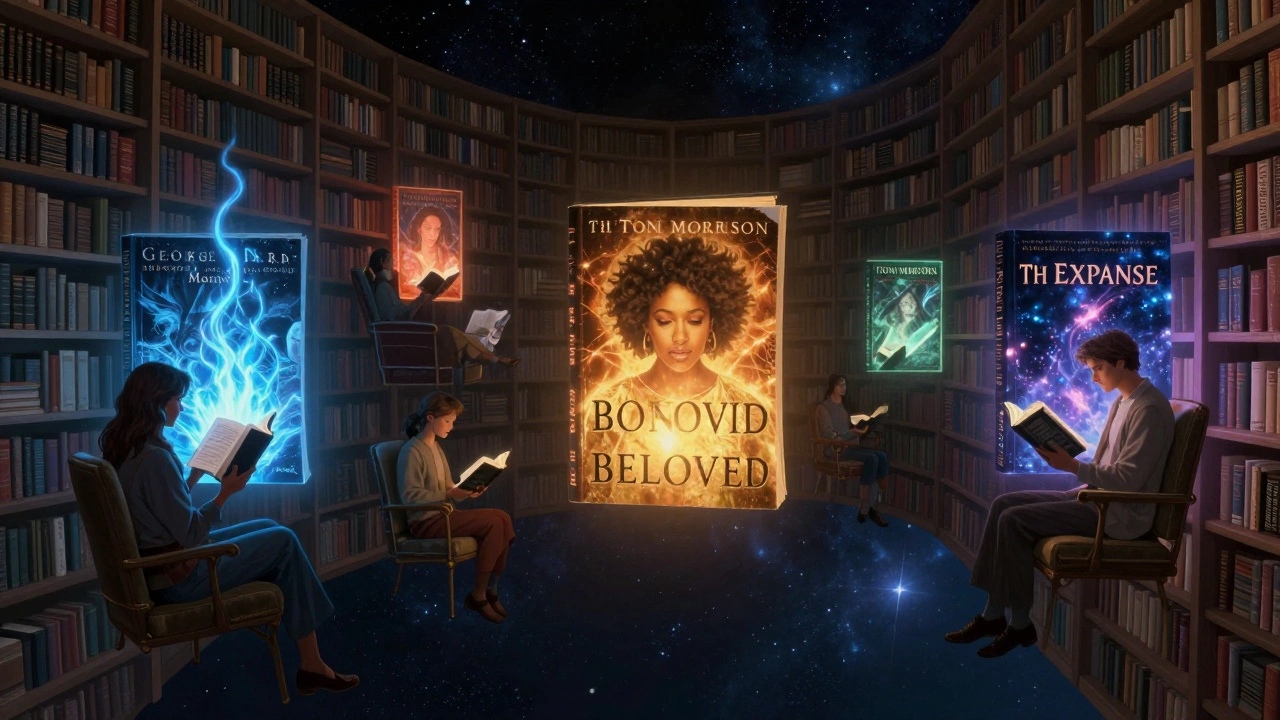 Библиотека в космосе, книги светятся, люди читают среди звёзд, атмосфера мистическая и возвышенная.