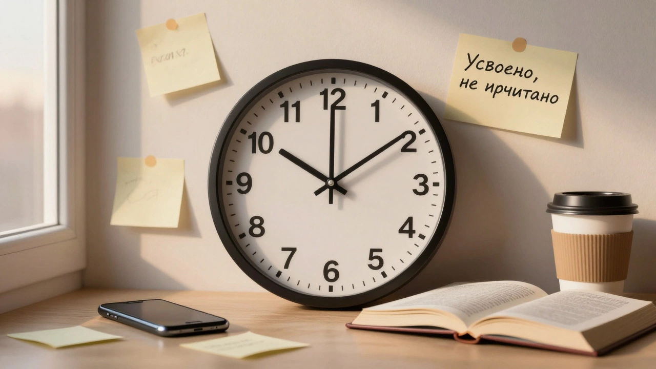 Часы показывают 16:00, рядом книга и заметка 'Усвоено, не прочитано', телефон выключен.