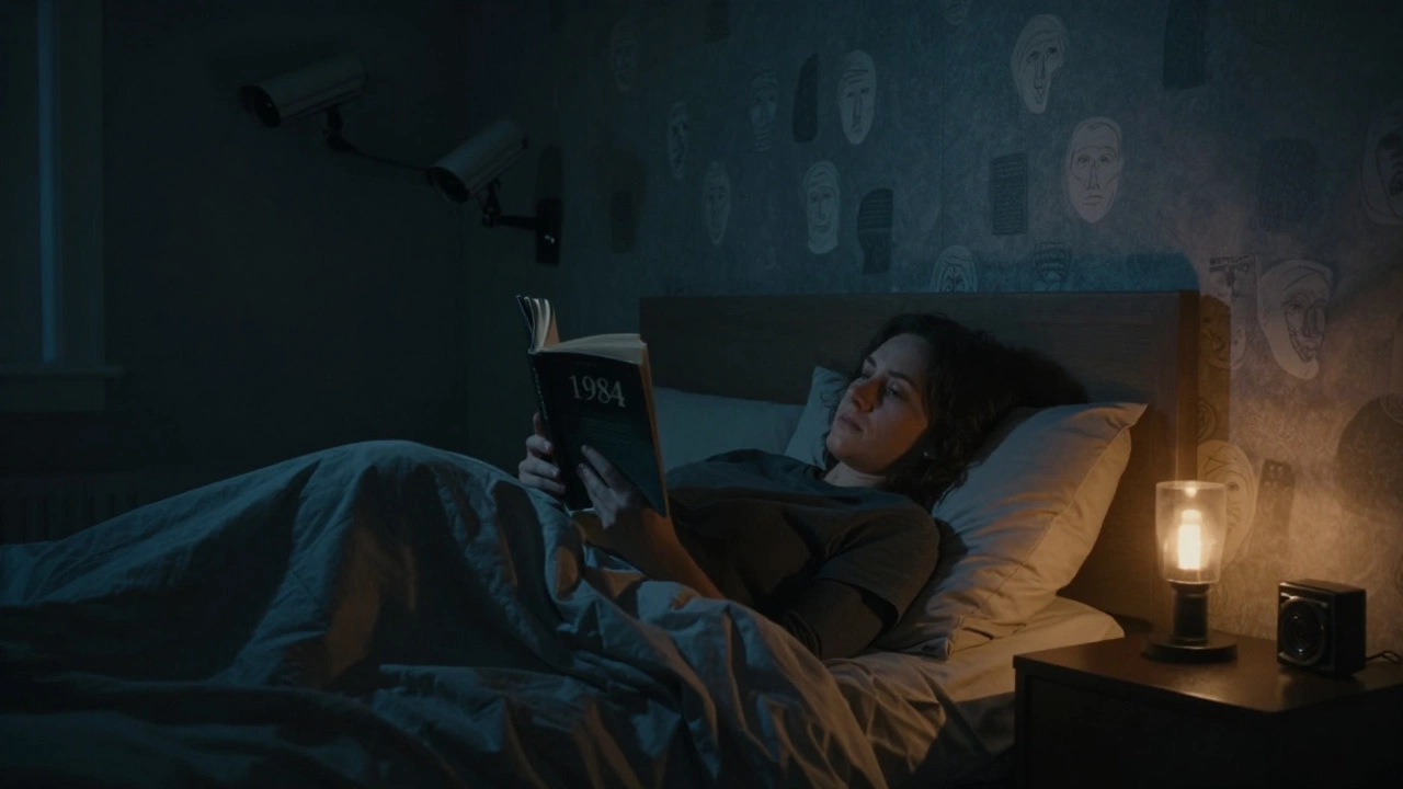 Человек читает '1984' ночью в постели, в тусклом свете лампы, с едва различимыми силуэтами наблюдения на стенах.