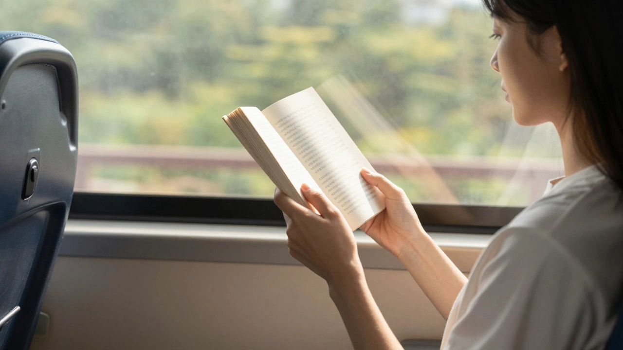 Человек держит книгу на уровне глаз, глядя в окно автобуса, комфортно и спокойно.