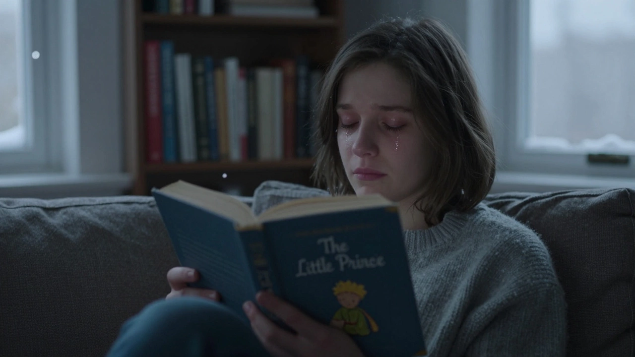 Человек держит «Маленького принца» в тишине зимнего вечера, слёзы на щеках.