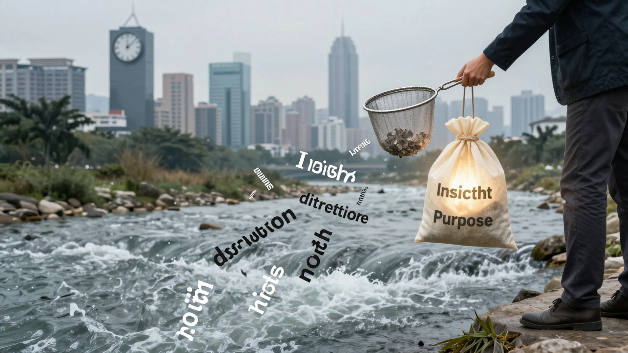 Человек фильтрует поток информации, ловя ключевые идеи, а шум уходит в реку.