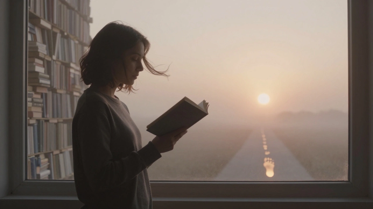 Человек с одной книгой у окна на рассвете, книги позади растворяются в тумане.