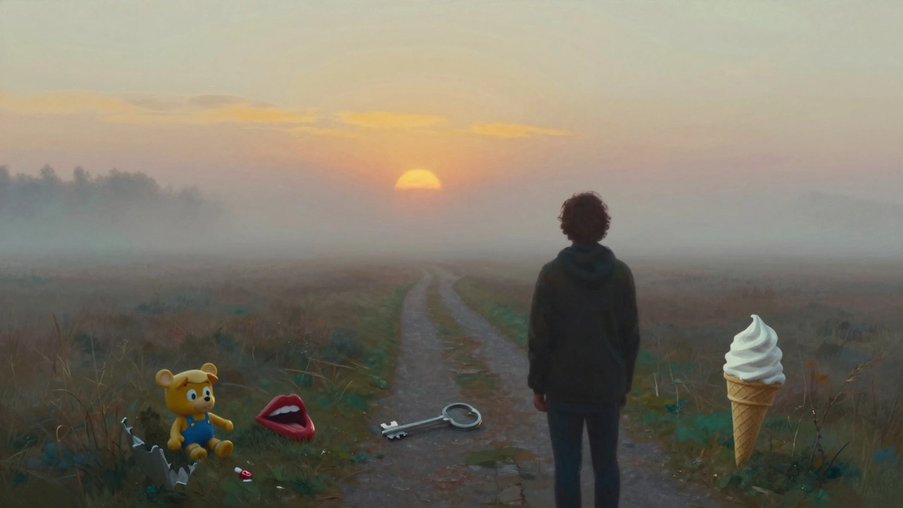 Человек стоит на краю туманного пейзажа, глядя назад на путь, полный символов прошлого.