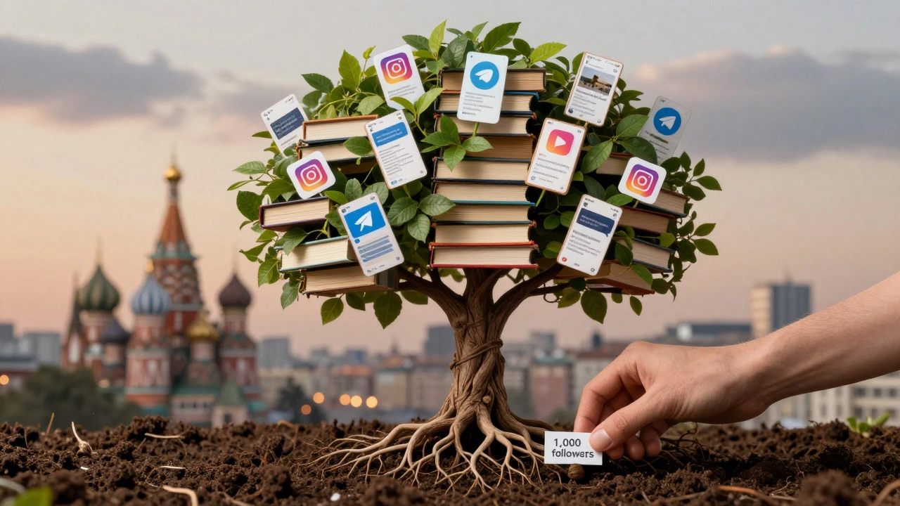 Дерево из книг с корнями в виде чата Telegram, символизирующее рост Bookstagram-сообщества.