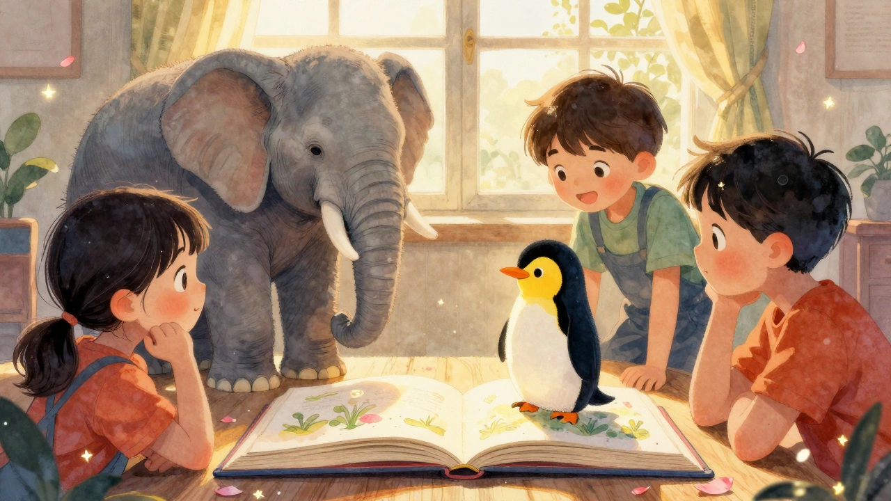 Дети смотрят на книгу с иллюстрациями слона и пингвина, дружба которых оживает волшебным светом.