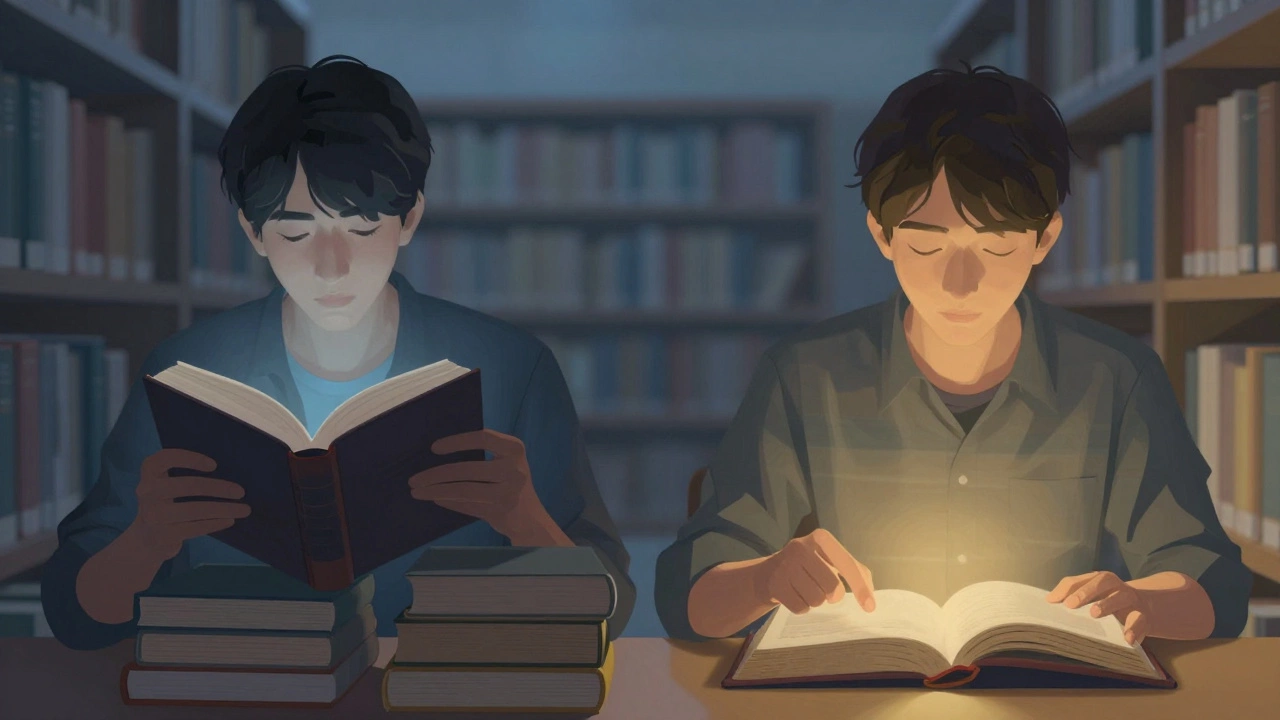 Два человека в библиотеке: один поверхностно листает книги, другой глубоко погружён в одну.