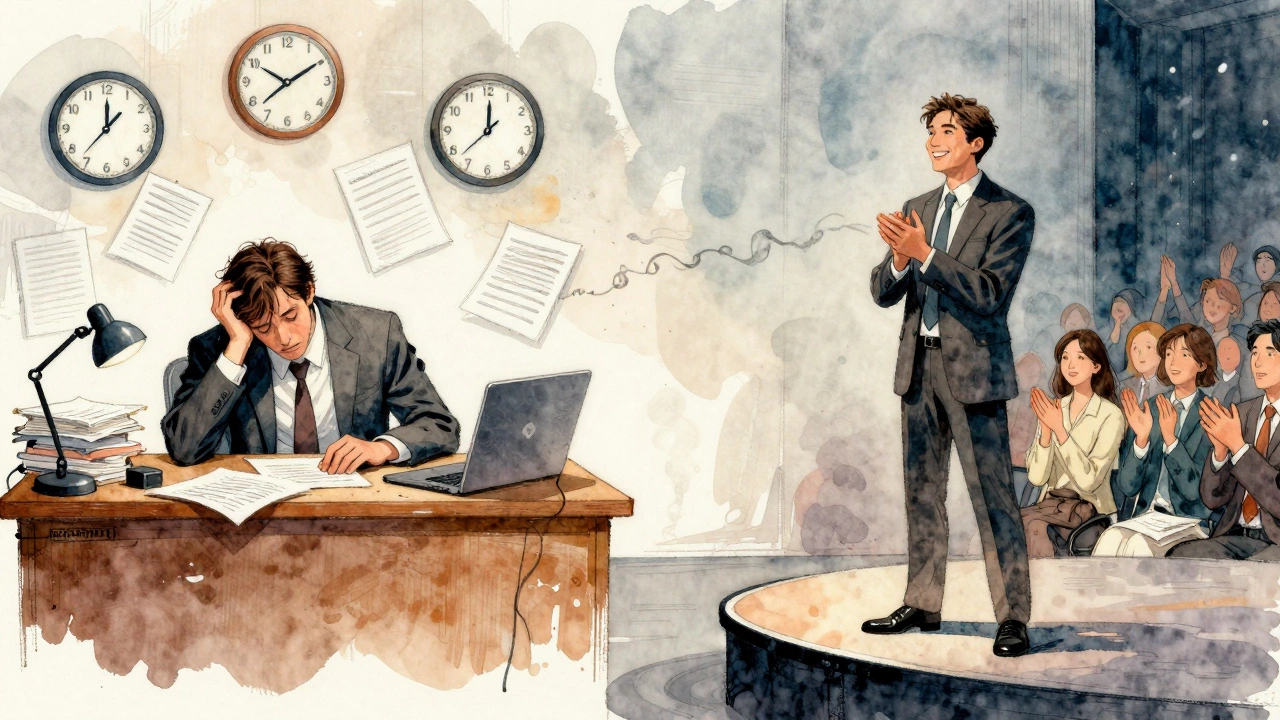 Два образа одного человека: в хаосе на работе и вдохновенно на сцене, соединённые паром чая.