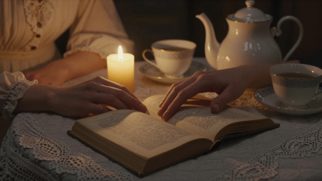 Две руки касаются над открытой книгой 'Гордость и предубеждение' при свечном свете, на фоне кружевного одеяла.