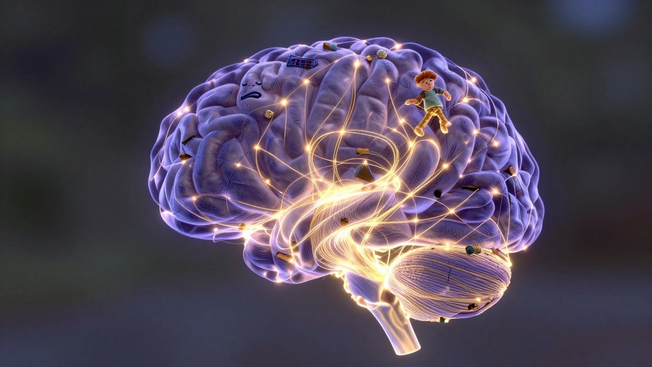 Эмоции как светящиеся нити, соединяющие воспоминания внутри человеческого мозга.