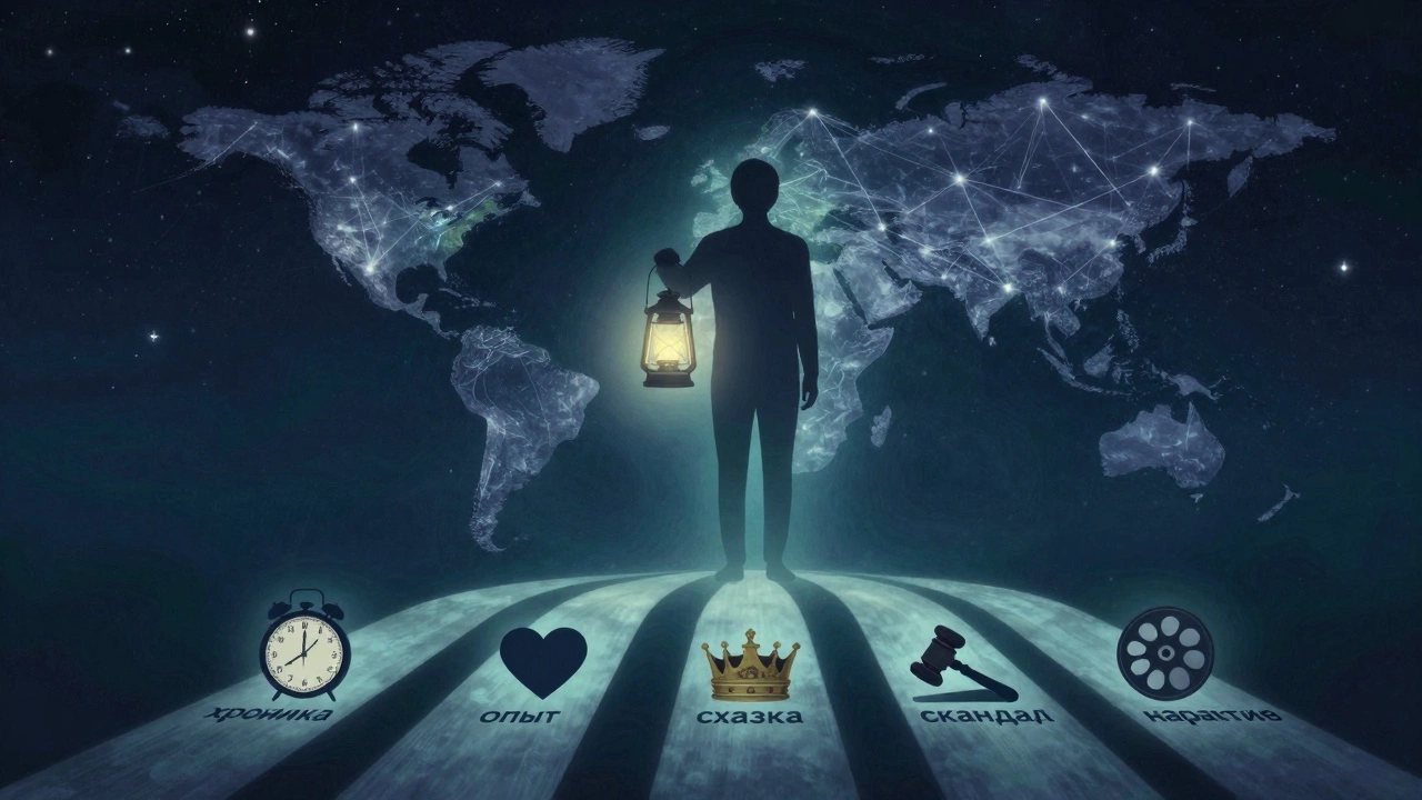 Фигура стоит на перепутье из пяти путей, каждый обозначен другим словом вместо 'история'.