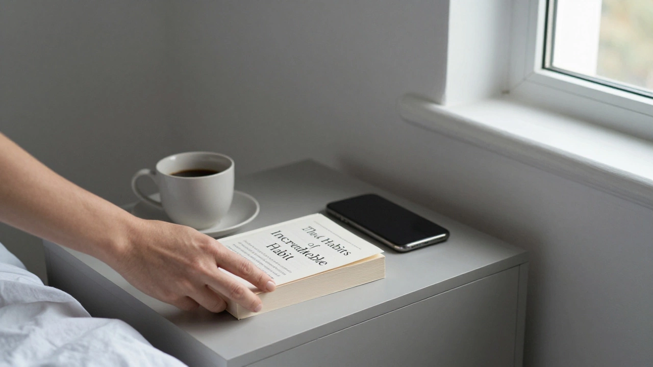 Книга '4 закона невероятной привычки' лежит на тумбочке, телефон оставлен в другой комнате — тихий момент изменения.