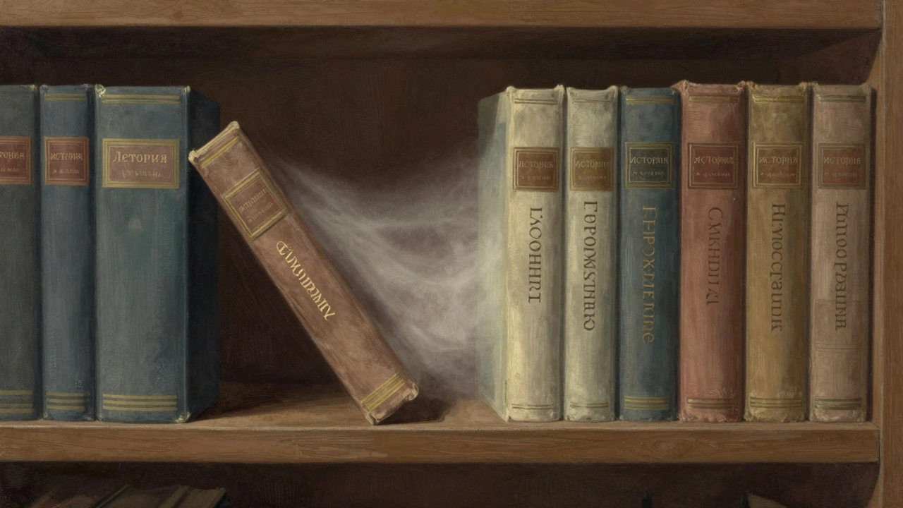 Книги на полке постепенно меняют названия с 'история' на более точные термины.