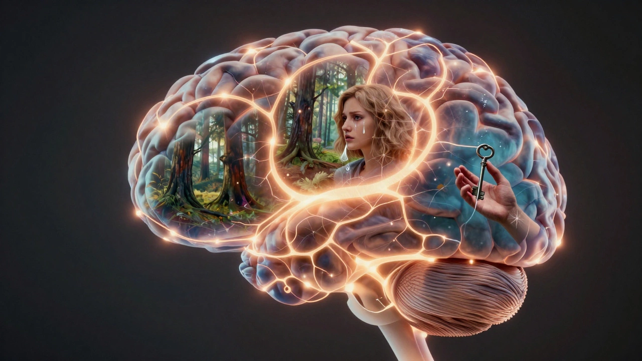 Мозг с активными зонами языка и эмпатии, внутри которого возникают сцены из книг.