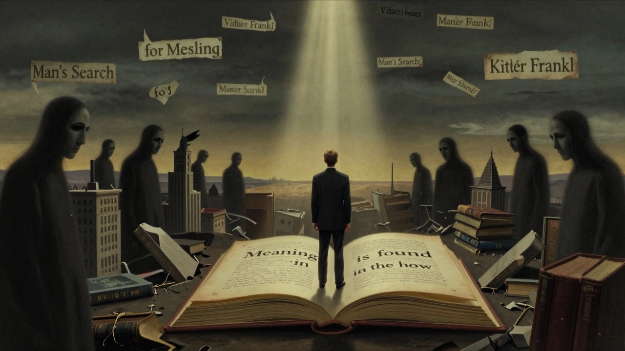 Мужчина стоит среди руин из книг, над ним парят слова о смысле жизни, один луч света пронзает мрак.