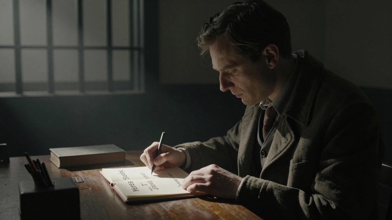 Мужчина в тусклой комнате читает 'Человека в поисках смысла', свет падает на страницу с ключевой фразой.