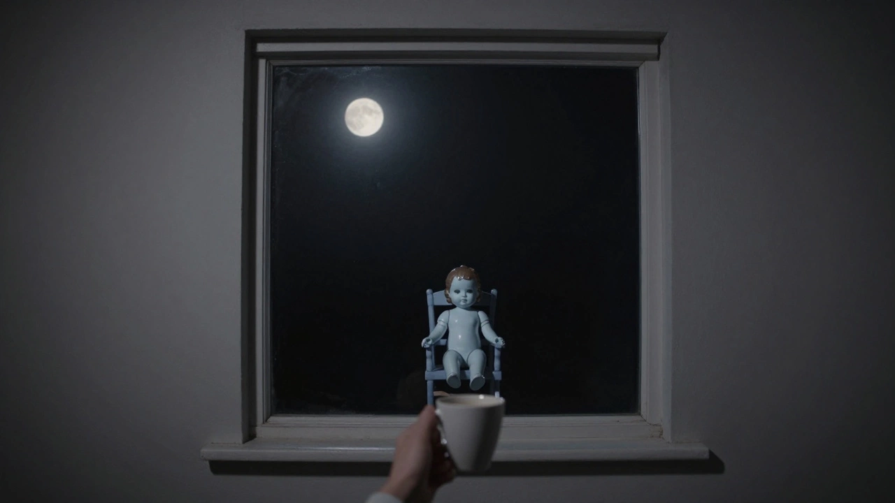 Окно напротив, в котором сидит кукла, женщина с чашкой кофе в своей комнате.