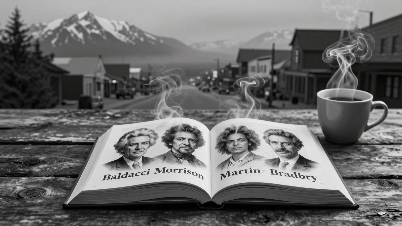 Открытая книга с дымом, формирующим портреты писателей, на фоне американских пейзажей, атмосфера поэтическая и задумчивая.