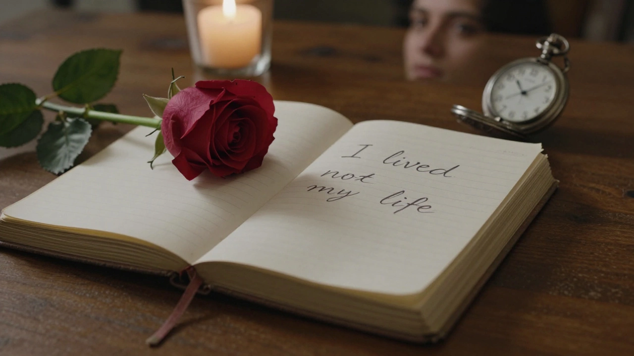 Открытый дневник с записью 'Я жил не своей жизнью', рядом — роза и остановленные часы, мягкий свет свечи.