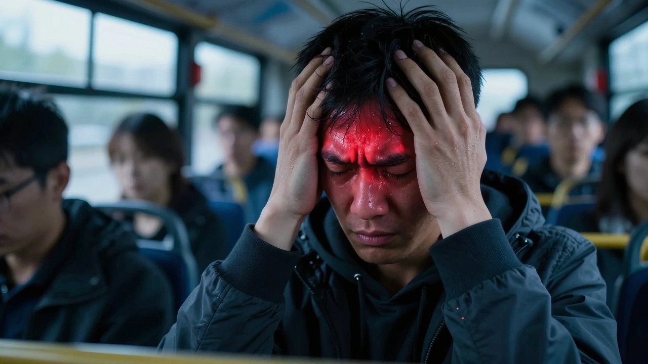 Пассажир в автобусе с симптомами укачивания: пот, головная боль, бледность.