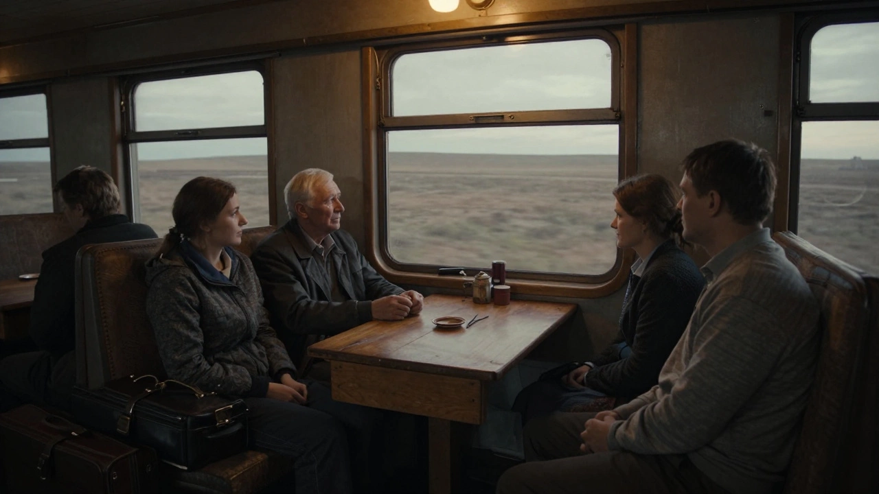 Пассажиры в старом поезде, один мужчина смотрит в окно, рядом плачущая женщина.