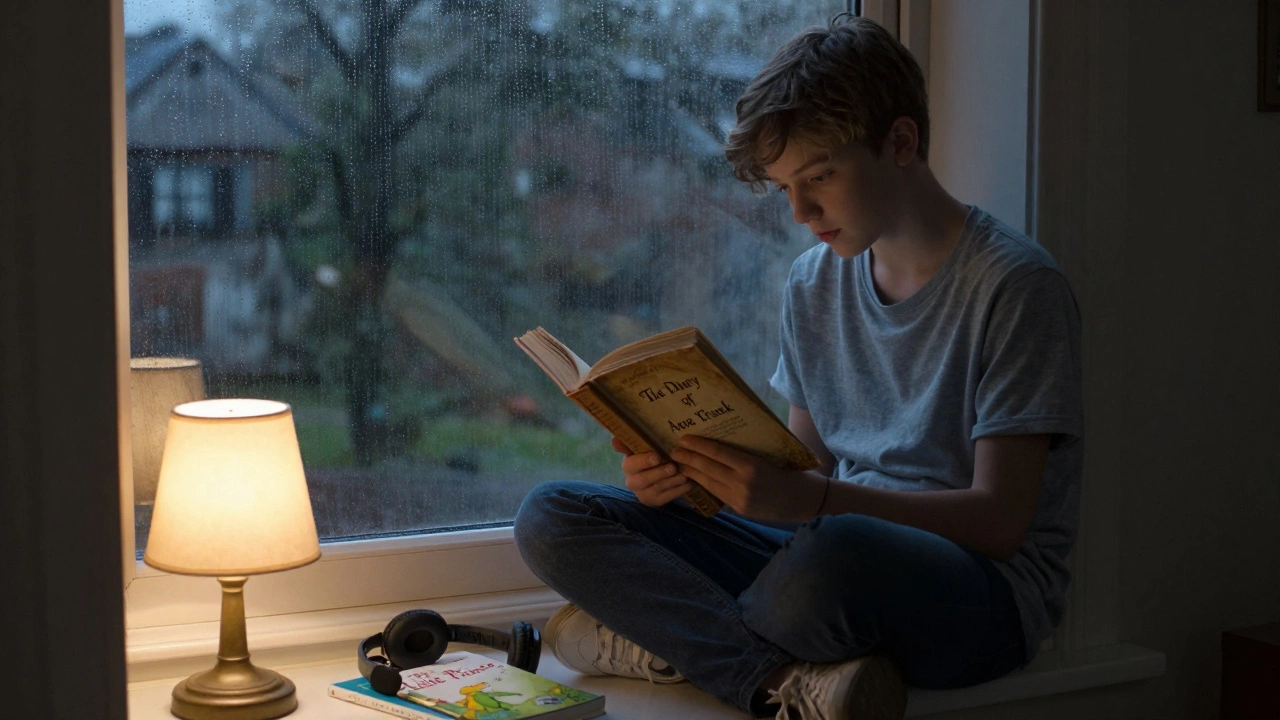 Подросток читает дневник Анны Франк у окна при свете лампы, за окном — дождь.