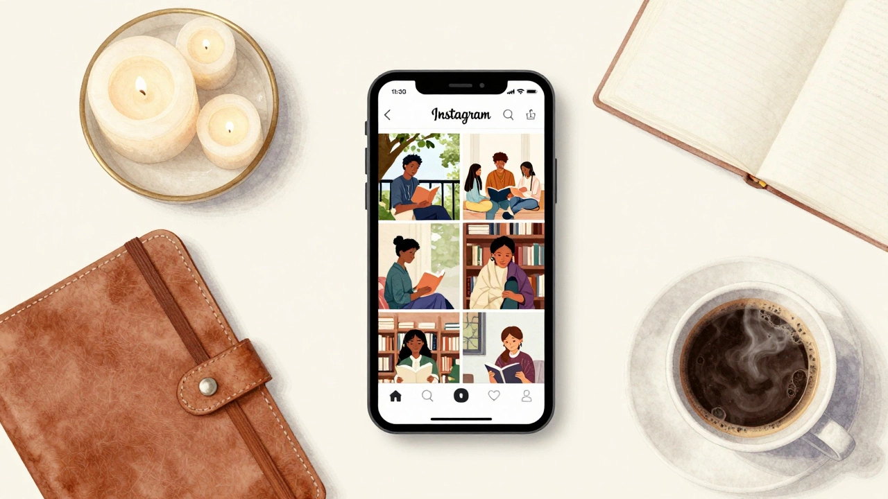 Рабочее место блогера с телефоном, показывающим пост Bookstagram, и предметами, символизирующими чтение и сообщество.