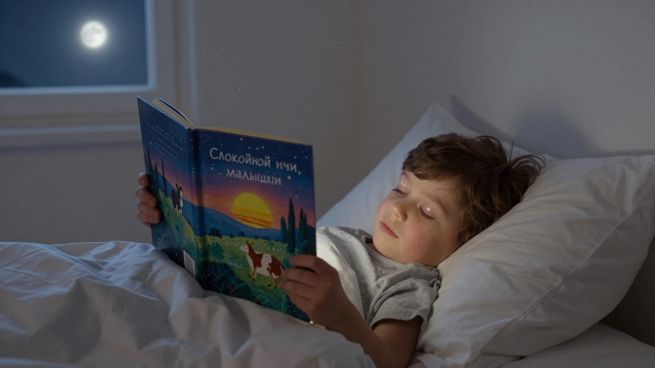 Ребёнок засыпает под чтение книги о звёздах и спящих животных, в тихой комнате при лунном свете.