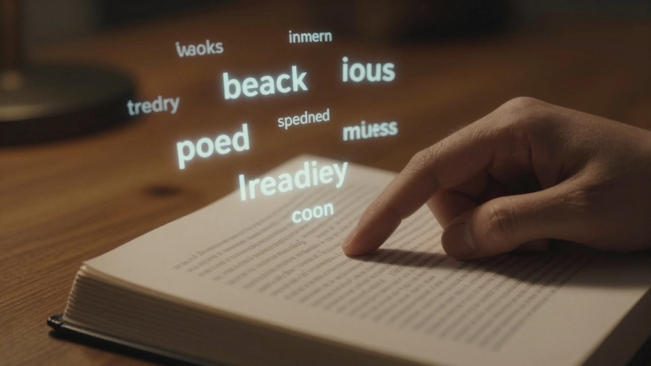 Рука движется по странице книги, над текстом видны группы слов.