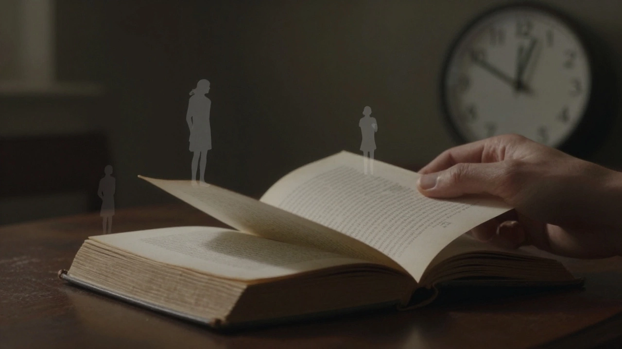 Рука переворачивает страницу книги, вокруг — призрачные образы персонажей.