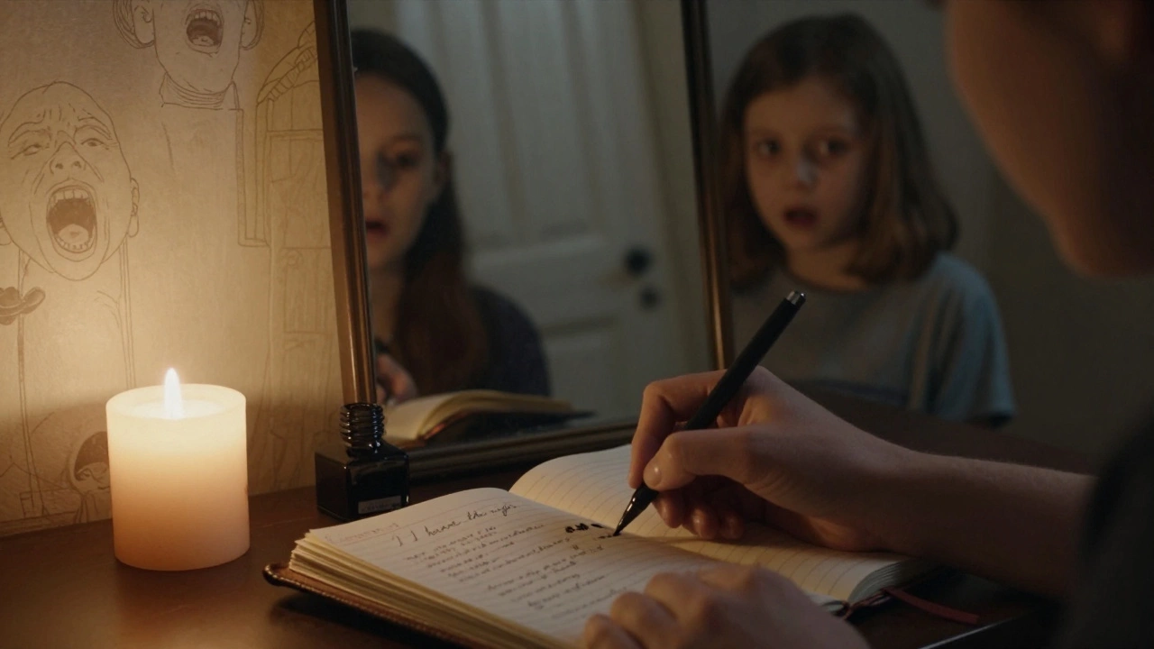 Рука пишет в дневнике, а в зеркале отражается ребенок — символ внутреннего конфликта.