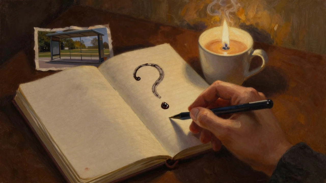 Рука пишет в тетради при свете свечи — слеза, фотография и пар — без слов, но с глубоким смыслом.