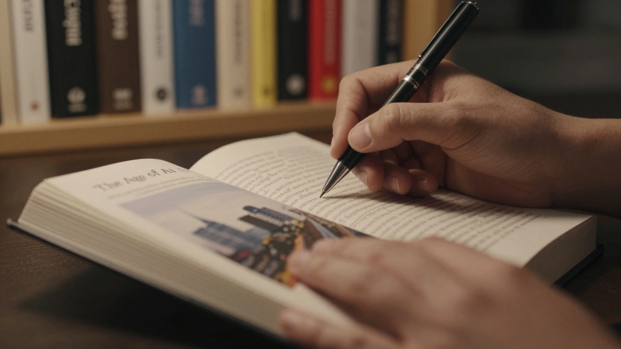 Руки делают пометки в книге 'The Age of AI' на фоне книжной полки.