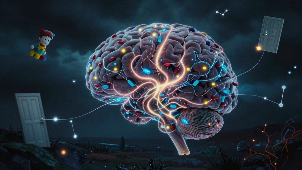 Схема мозга с светящимися нейронными путями, где эмоции превращаются в творческие образы.